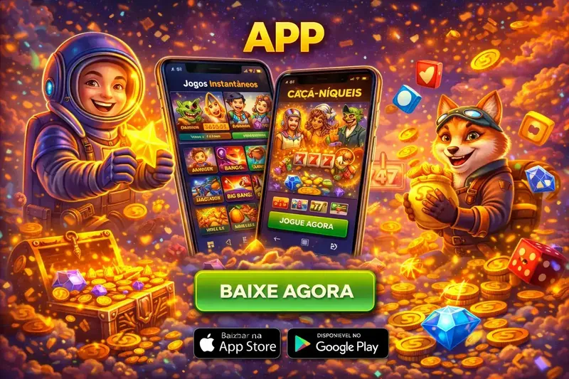 Astronauta feliz e raposa mascote apresentando dois smartphones com jogos instantâneos e caça-níqueis do app de cassino