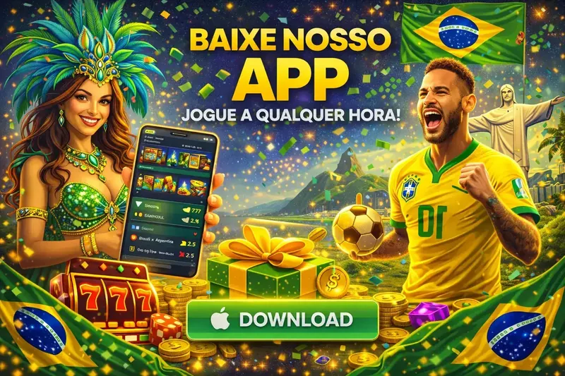 Dançarina de carnaval e jogador brasileiro com smartphone mostrando app de cassino com slots e apostas esportivas