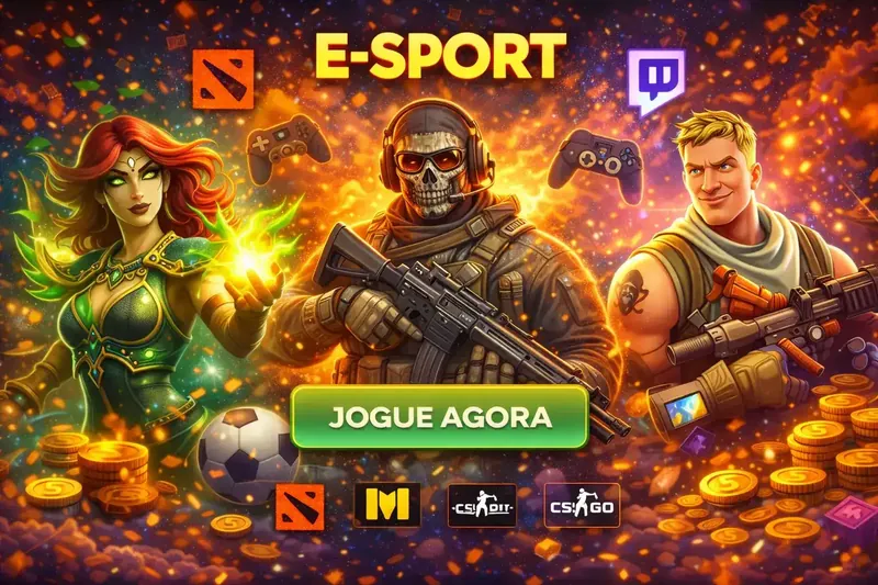 Personagens de e-sports incluindo guerreiro esqueleto e heróis de Dota e CS:GO com logos de plataformas de streaming