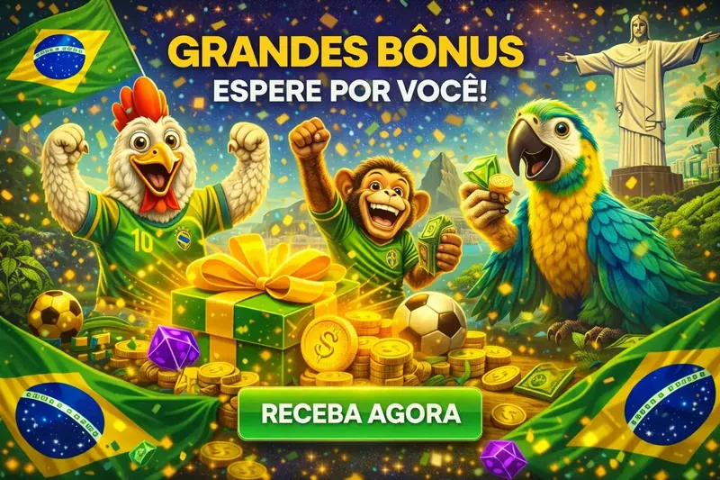 Mascotes brasileiro galinha, macaco e papagaio celebrando grandes bônus com presente dourado e moedas sob Cristo Redentor