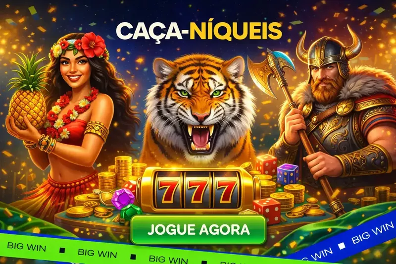 Mulher havaiana com abacaxi, tigre rugindo e guerreiro viking apresentando caça-níqueis temáticos com slot machine 777 e moedas