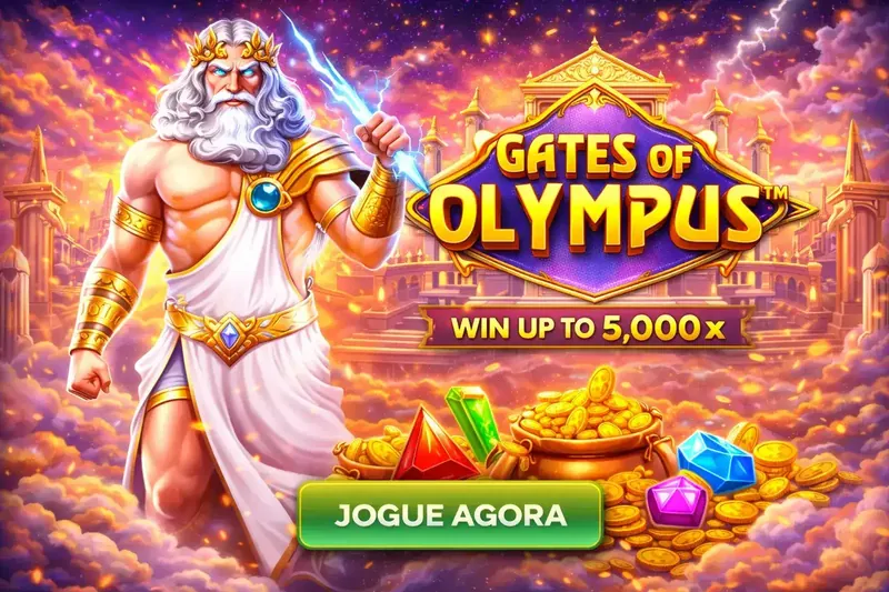 Zeus poderoso segurando raio antes de templos gregos com logo Gates of Olympus mostrando vitória até 5000x
