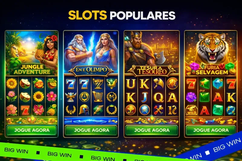 Quatro slots populares em telas mostrando Jungle Adventure, En e Olimpo, Tesura Tesouro e Fúria Selvagem com símbolos únicos