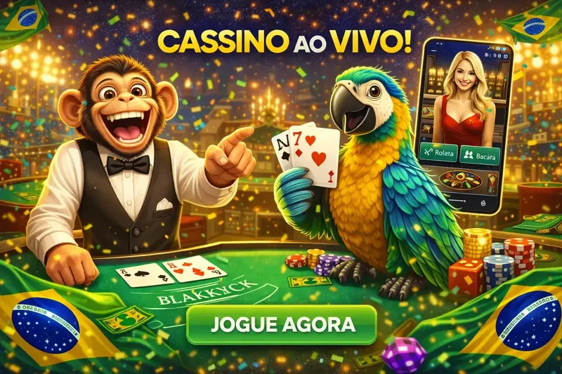 Macaco dealer e papagaio azul jogando blackjack ao vivo com cartas e smartphone mostrando interface de cassino ao vivo