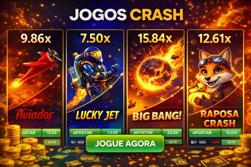 Quatro jogos crash mostrando Aviador 9.86x, Lucky Jet 7.50x, Big Bang 15.84x e Raposa Crash 12.61x com apostas