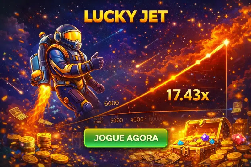 Astronauta espacial fazendo sinal de positivo voando em curva de multiplicador mostrando 17.43x com moedas e tesouros