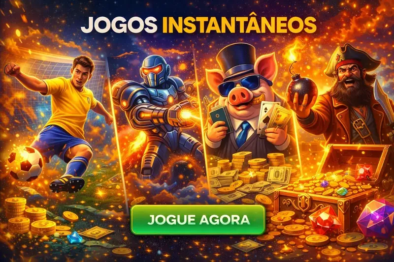 Jogador de futebol brasileiro, robô futurista, porco elegante com cartas e pirata com bomba representando jogos instantâneos
