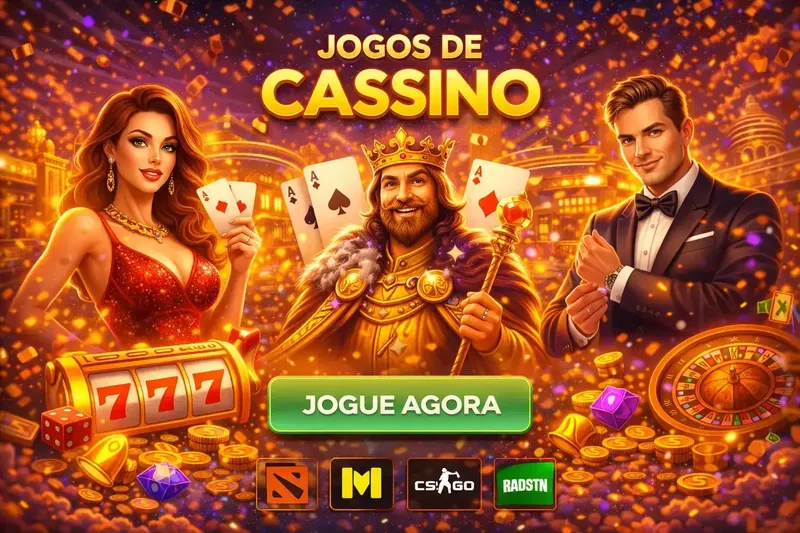 Mulher glamorosa em vermelho, rei com coroa dourada e homem elegante com ases de pôquer e ícones de jogos de cassino