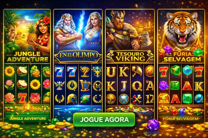 Quatro máquinas de slot temáticas mostrando Jungle Adventure, En el Olimpo, Tesouro Viking e Fúria Selvagem com símbolos