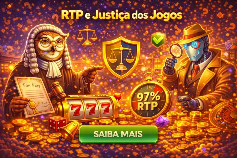 Coruja juiz com peruca e detetive com lupa apresentando escudo de justiça, slot 777 e medidor mostrando 97% RTP